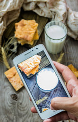 Food photo milk and cookies on instagram for smartphone