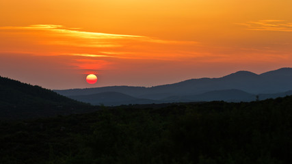 Sunset at greek coast in Sithonia, aerial photo from the top of a hill, Greece
