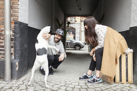 Couple playing with dog in passage outdoors