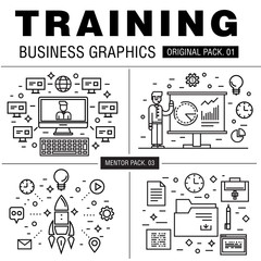 Modern business training pack. Thin line icons set mentor career. Education set collection with global management industry elements. Premium quality vector symbol. Stroke pictogram for web design.