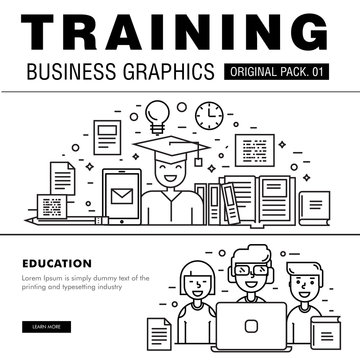 Modern business training pack. Thin line icons set mentor career. Education set collection with global management industry elements. Premium quality vector symbol. Stroke pictogram for web design.
