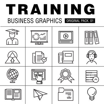 Modern business training pack. Thin line icons set mentor career. Education set collection with global management industry elements. Premium quality vector symbol. Stroke pictogram for web design.