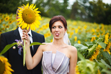 Funny bride holds a huge sunflower in the front of groom's face