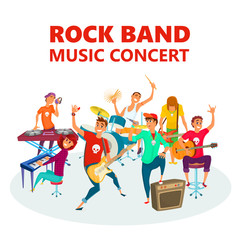 Cartoon Teenage Rock band. Concept music concert background vector illustration.