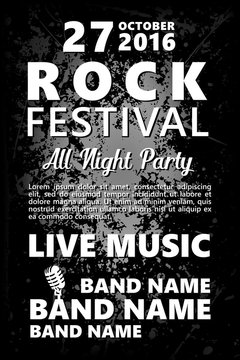 Black and white Vintage Rock festival design template with crowd on back and place for text. Rock poster background.
