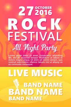 Cartoon Rock festival design template with crowd on back and place for text.