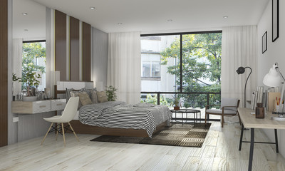 3d rendering beautiful bedroom with nice decoration near terrace - obrazy, fototapety, plakaty