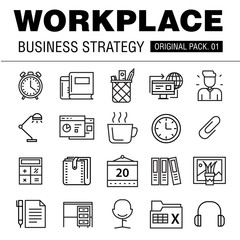 Modern workplace business strategy. Thin line icons set of office space. desktop work set collection with technology interior elements. Premium quality vector symbol. Stroke pictogram for web design.