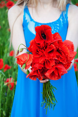 woman holding a bouquet of field poppy