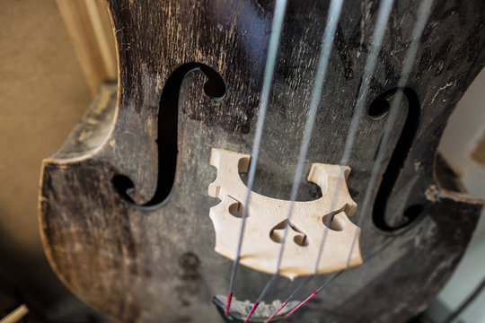 Close-up of guitar in workshop