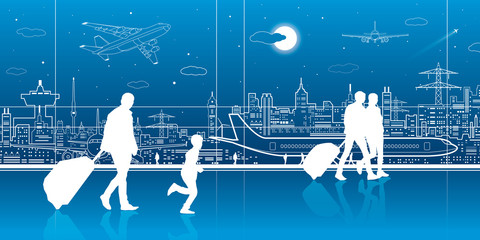 Airport terminal, aircraft on runway, airplane takeoff, airport scene, people expect flight, transportation infrastructure on background, vector design art