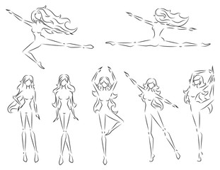 vector illustration set contours of silhouettes of beautiful girls in different poses on a white background