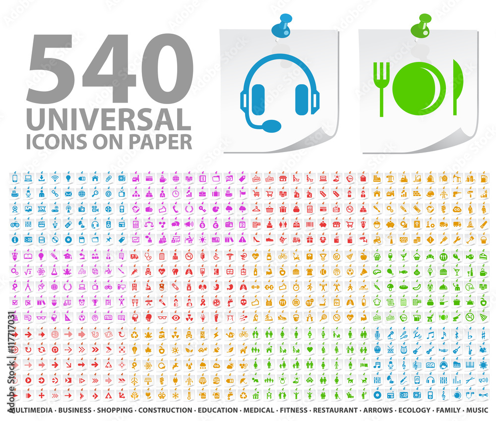 Poster set of 540 high quality standard colored icons on notepaper buttons on white background.