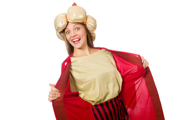 Woman wizard in red clothing isolated on white