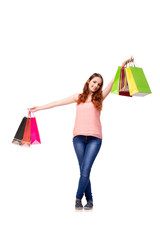 Happy woman after good shopping isolated on white