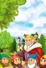 Cartoon scene of some miners or dwarfs near big and colorful castle - illustration for children