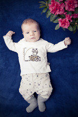 Baby mit Blumen blauer Untergrund
