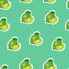 Pattern. lime and leaves and slices on turquoise background.