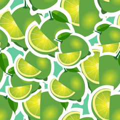 Pattern. lime and leaves different sizes on turquoise background.