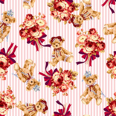 Naklejka premium クマと花束のパターン