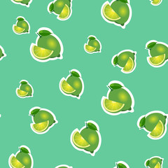 Pattern. small lime and leaves different sizes on turquoise background.