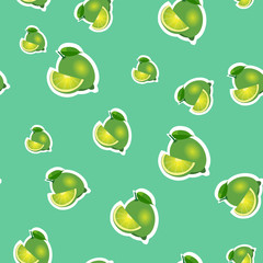 Pattern. small lime and leaves different sizes on turquoise background.