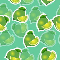 Pattern. lime and leaves and slises same sizes on turquoise background. Transparency lime.