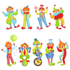 Naklejka premium Set Of Colorful Friendly Clowns In Classic Outfits