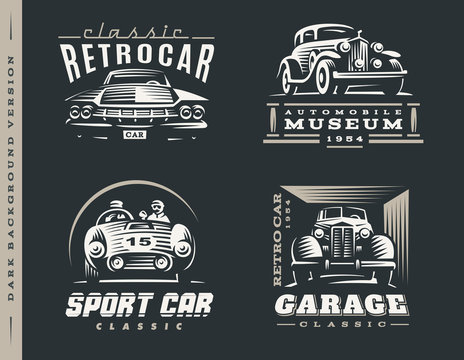 Classic car illustrations set on dark background.