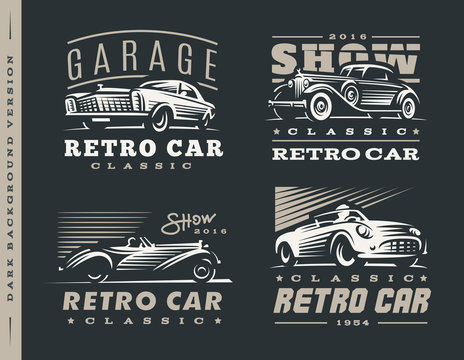 Classic car illustrations set on dark background.
