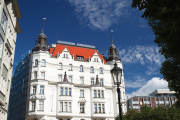 Obraz premium U Prvni Reduty building the Jewish Quarter, Prague, Czech Republic 