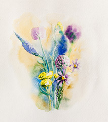 Watercolor painting of colorful bouquet of wildflowers