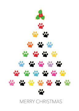 Colorful paw print reee christmas greeting card vector illustration