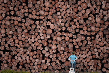 Girl with acoustic guitar on the wooden logs background outdoors.