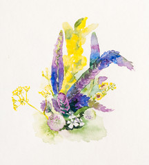 Watercolor painting of colorful bouquet of wildflowers