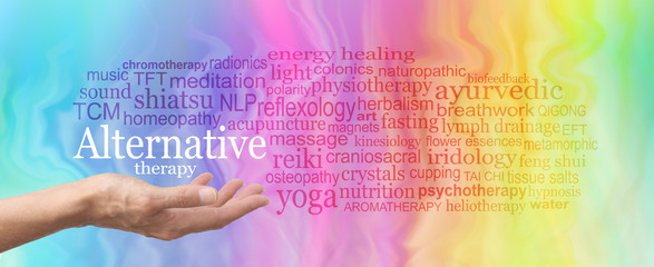 Alternative Therapy Word Cloud - female hand held palm up the words ALTERNATIVE THERAPY in white above surrounded by a relevant word cloud on a rainbow colored marble effect background
