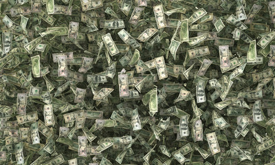 1,2,5,10,20,50,100 dollar bills on the ground. 3d illustration