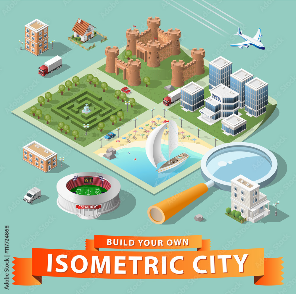 Poster build your own isometric city. vector elements.
