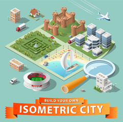 Fototapeta premium Build Your Own Isometric City. Vector Elements. 