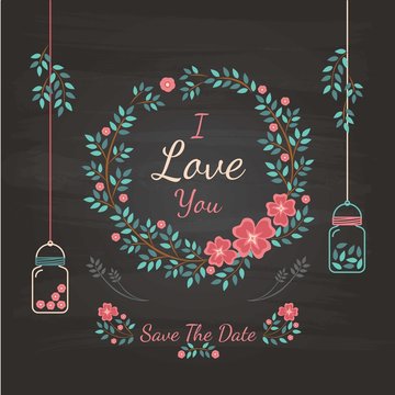 Floral Wedding Invitation On Blackboard