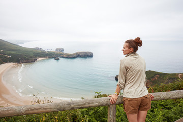 Fototapeta premium Seen from behind woman hiker looking at ocean view landscape.