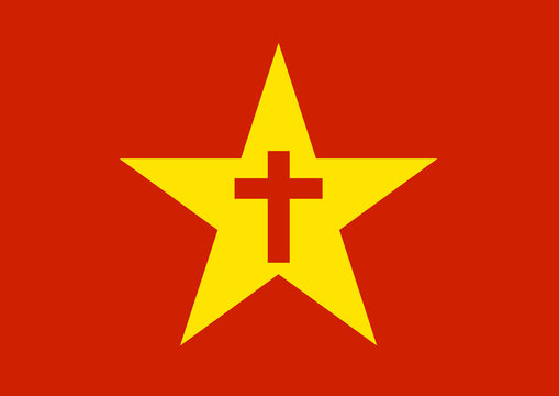 Yellow communist star and cross. Metaphor of head of roman catholic church, Pope Francis, and his critique of neoliberal economy ( slavery, exploitation, poverty ). Appeal for equality of socialism