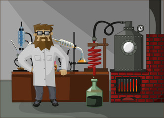 bearded chemist in the laboratory background