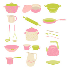Cute colorful kitchen utensil set. Crockery polka dot pink, green set