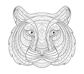Hand drawn doodle outline tiger illustration. Decorative in African indian totem Ethnic tribal aztec design. Sketch for adult antistress coloring page.