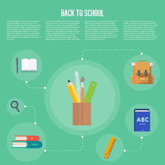 Back to school infographics concept icons flat design vector illustration. Concept icons of education and learning. Knowledge sign.