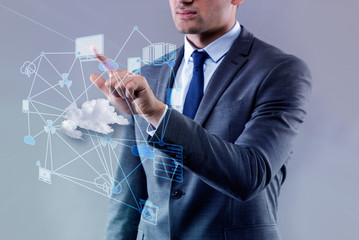 Young businessman in cloud computing concept
