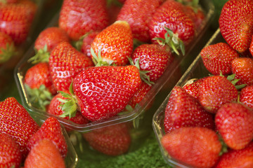 close up of strawberries at a fruit stand