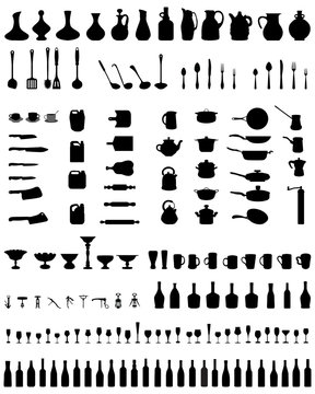 Black silhouettes of kitchenware on a white background, vector