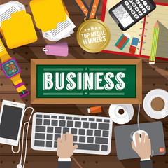 Top View Workplace With Office Supply Objects Vector Illustration
